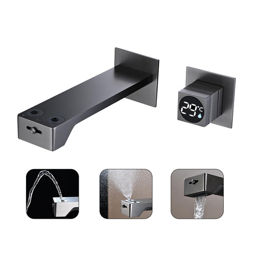 Mitigeur Lavabo Affichage Numérique LED Robinet Lavabo Gris Pistolet Robinet Cascade Mural Robinet Salle de Bain 3 Fonctions Mitigeur Salle de Bain avec Boîte Intégrée