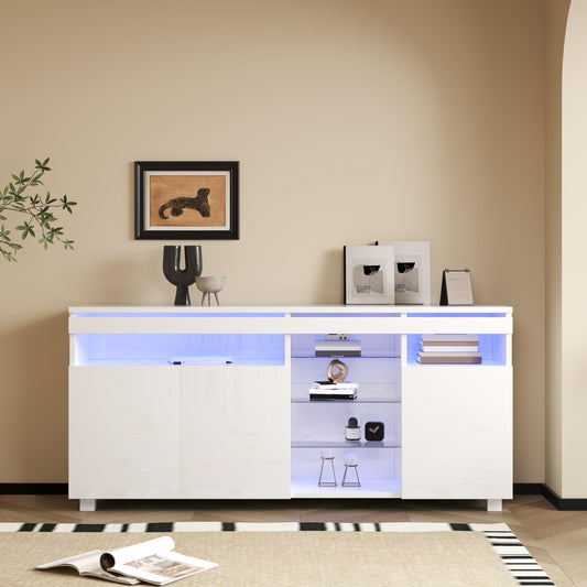Buffet Moderne Blanc Brillant, Vitrine LED Élégante avec Étagères en Verre et Bande Lumineuse, 3 Grandes Portes de Rangement, Étagères Réglables, Minimaliste Bahut, pour Salon, Cuisine, 155x35x72 cm