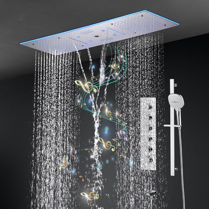 Système de Douche Thermostatique Musical Colonne Douche 90x30CM 9 Fonctions Tête de Douche, LED 64 Couleurs Bluetooth Ensemble de Douche avec Douchette, Robinet de Baignoire, Chrome