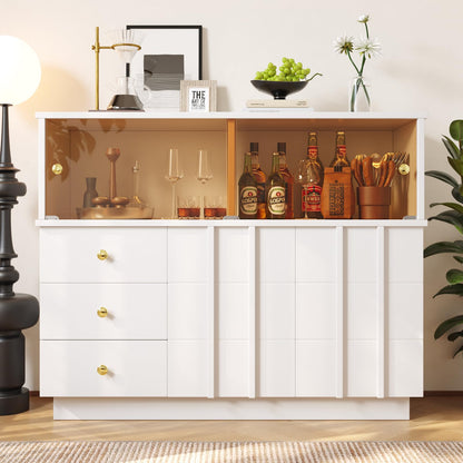 Buffets, meuble de rangement,meubles de salon modernes,Armoires de cuisine blanches,Commode avec poignées dorées et portes coulissantes en verre fumé,buffet avec 2 portes et 3 tiroirs 120×33×95 cm