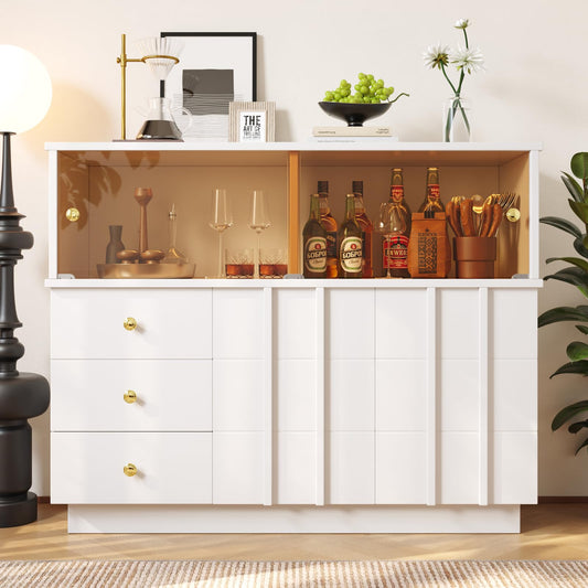 Buffets, meuble de rangement,meubles de salon modernes,Armoires de cuisine blanches,Commode avec poignées dorées et portes coulissantes en verre fumé,buffet avec 2 portes et 3 tiroirs 120×33×95 cm