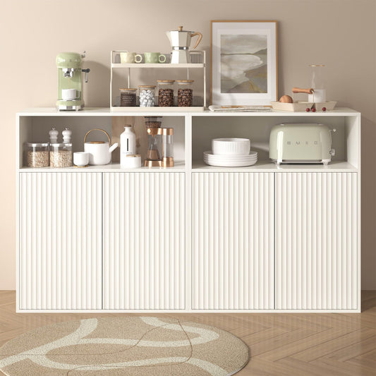 Buffet de Cuisine, Armoire de Salon, Bibliothèque Étagères Réglables, Meuble de Rangement Surface Anti-Rayures, Vaisselier avec Porte Blister, 140 x 35 x 90 cm, 4 Portes en Bois
