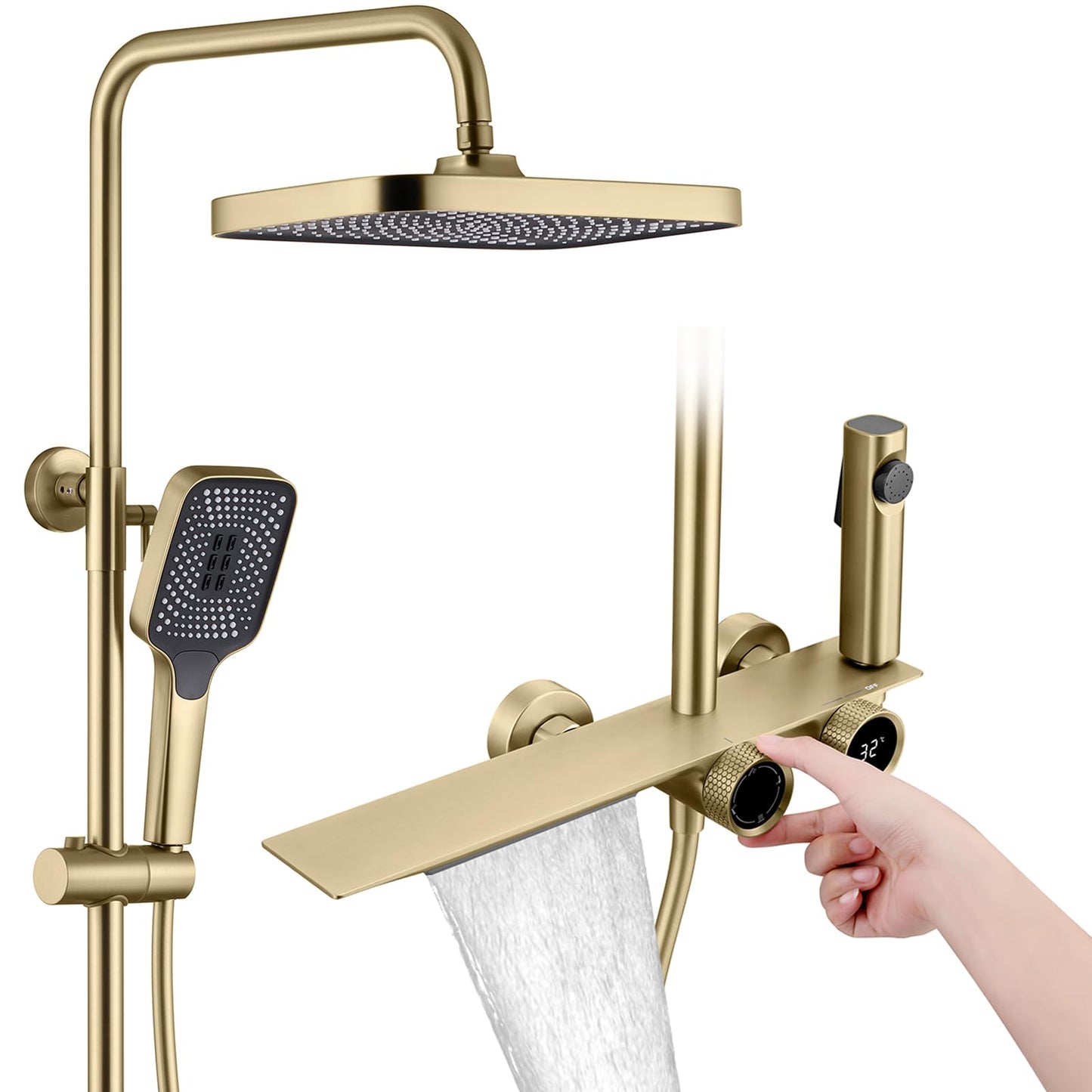 OihPaw Or Brossé Colonne de Douche avec Mitigeur, Système de Douche avec Affichage Numérique LED Ensemble de Douche avec 32 * 20CM Pomme de Douche e Douchette à 3 Modes