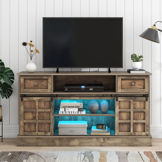 Meuble TV 150 cm Longueur Banc TV Gris Marron avec 2 Portes Coulissantes, 9 Compartiments de Rangement, 2 Tiroirs, Éclairage LED 16 Couleurs, Style Ferme Rétro en Grain de Bois pour TV Jusqu'à 60"