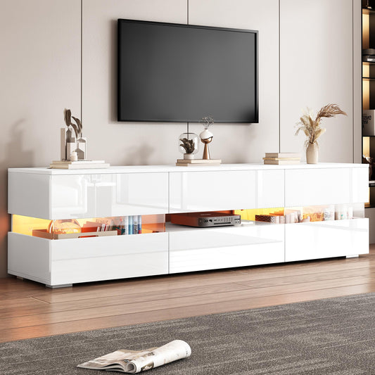 Meuble TV Blanc Brillant 160 cm Banc TV Moderne avec Éclairage LED, 2 Portes, 1 Tiroir, Compartiment Ouvert, pour Téléviseur 70 Pouces, Insert en Verre Acrylique et Ouverture à Pression, Meuble Salon