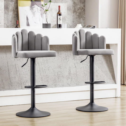 Tabouret Bar Velours Gris, Chaise de Bar lot de 2, Tabourets Réglables Hauteur (56-76 cm), Chaises Pétales avec Repose-pieds, Chaises de Loisirs Modernes, pour Restaurants, Cuisine, Comptoir, Taverne