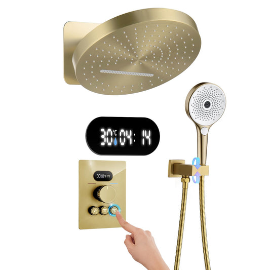 OihPaw Colonne de Douche Thermostatique Encastré Or Brossé Ensemble de Douche pour Salle de Bain avec Affichage Numérique,Système de Douche à Cascade et Pluie Rond Tête de Douche