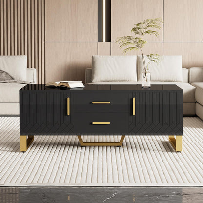 Table basse,Table basse salon,Table basse brillante,Table basse carrée avec tiroirs,équipée de deux portes,Poignées et pieds dorés,avec compartiment de rangement ouvert,Table basse 107x40,5x55 cm