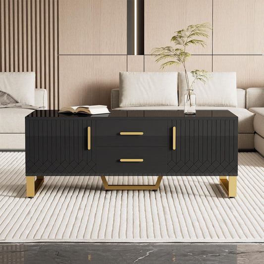 Table basse,Table basse salon,Table basse brillante,Table basse carrée avec tiroirs,équipée de deux portes,Poignées et pieds dorés,avec compartiment de rangement ouvert,Table basse 107x40,5x55 cm