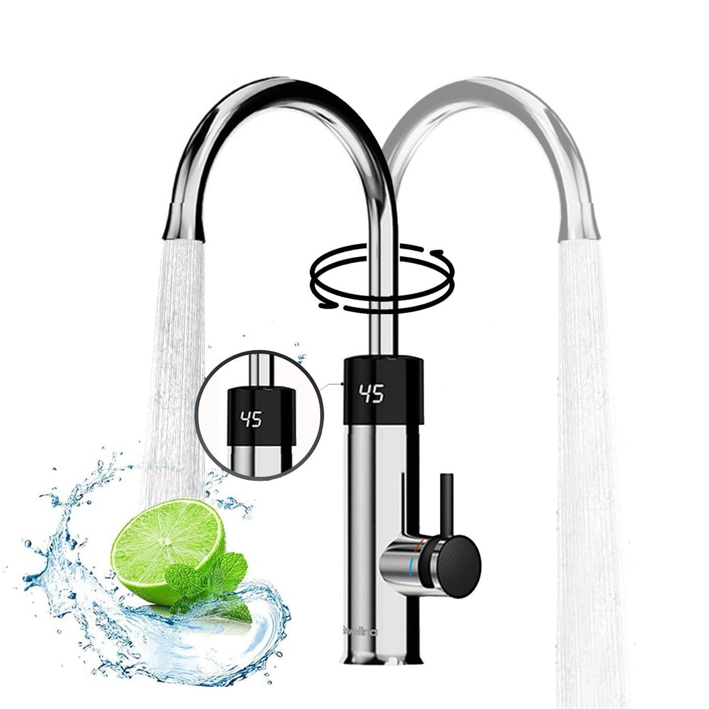 Robinet avec chauffe-eau instantané, 3200 W, robinet de chauffage électrique en acier inoxydable, robinet pivotant à 360°, affichage de la température LCD, mitigeur avec chauffe-eau instantané