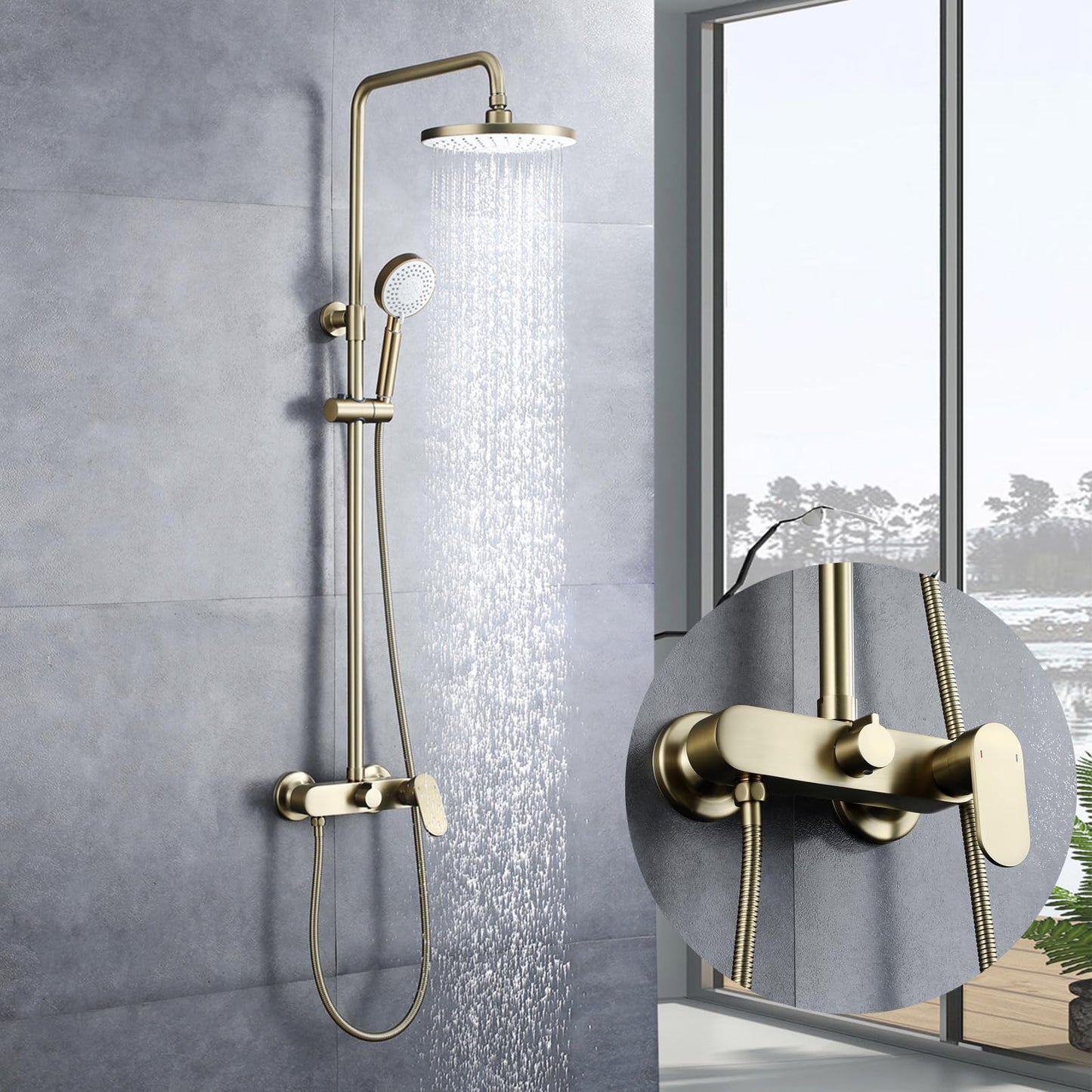 OihPaw Colonne de Douche dorée,Ensemble de Douche avec Mitigeur,Pomme de Douche et Douchette à Main,Colone Douche Mural Réglable en Hauteur,Robinet Douche