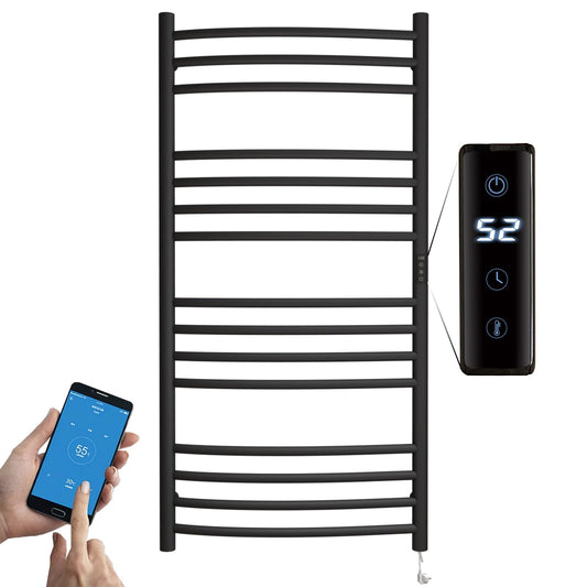 Sèche-Serviette Électrique Noir,185 W Chauffe-Serviettes 1100×600 mm WiFi Intelligent Porte-Serviettes Chauffant Électrique 15 Barres Courbes Commande Tactile à LED