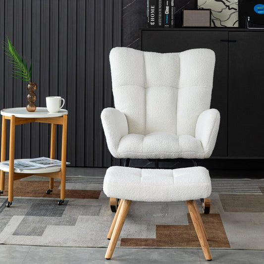 Blanc Fauteuil Chambre, Rocking Chair avec Artisanat en Tissu, Rocking Chair Hauteur 92cm, Largeur D'assise 65 cm avec Repose-Pieds (49*38*38 cm), Fauteuil Dascule Approprié Coucher, Salon