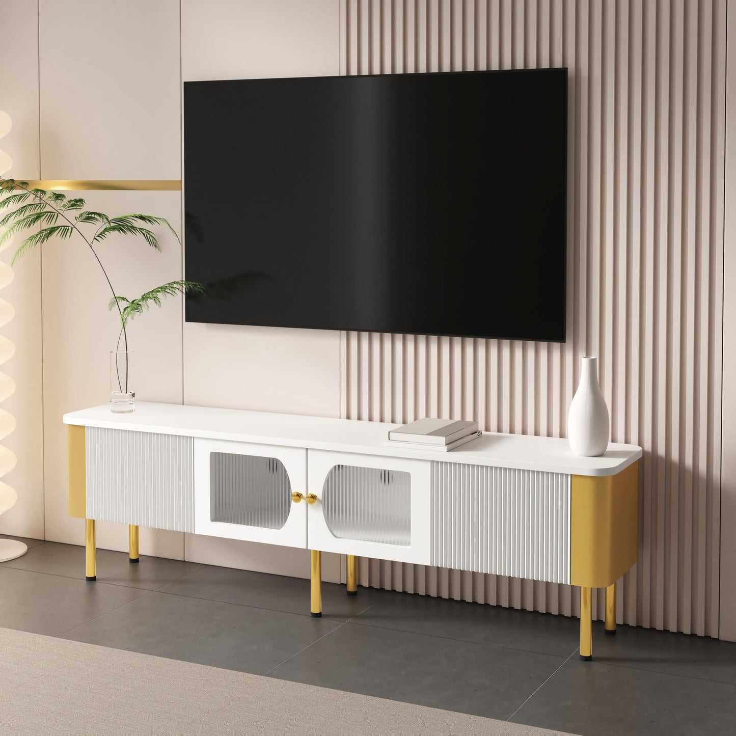 Meuble TV Moderne 170 cm Banc TV pour Téléviseurs Jusqu'à 65 Pouces, Tiroirs et Panneaux de Porte de Forme Spéciale, Poignées et Pieds Dorés, Forme D'arc, Élégant Luxueux Meuble Salon, Meuble TV Bas