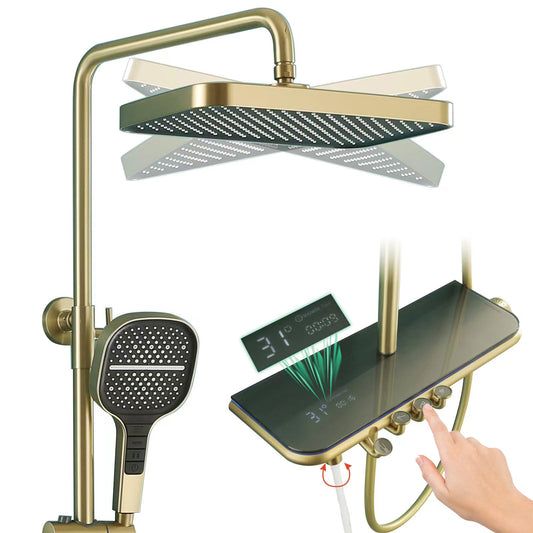 OihPaw Colonne De Douche Thermostatique Or Brossé, SystèMe De Douche Mural Piano Key avec Affichage NuméRique LED, Pommeau De Douche 33x22cm avec Douchette