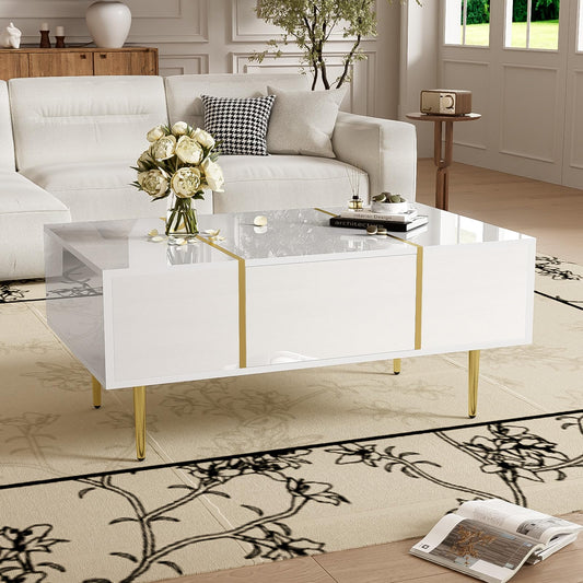 Peiaw Table Basse,Table Basse Salon,Blanc Table Basse Brillante,Table Basse carrée Moderne,Table Basse avec Deux tiroirs,Pieds de Table dorés,Garde au Sol 19,5 cm,Table Basse 100 x 60 x 41,5cm