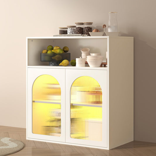 Buffet de Cuisine, Armoire de Salon Éclairage LED, Bibliothèque Étagères Réglables, Meuble de Rangement Surface Anti-Rayures, Vaisselier Porte Blister en Verre, 70 x 35 x 90 cm, 2 Portes Vitrées