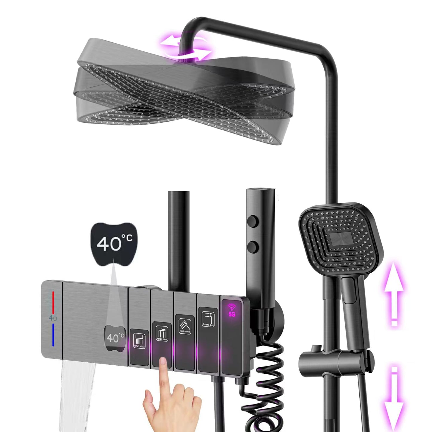 OihPaw Colonne De Douche Thermostatique avec Lumière Ambiante Systeme de Douche Hauteur Réglable pour Salle de Bain, Mitigeur Douche avec Douchette et Pommeau de Douche