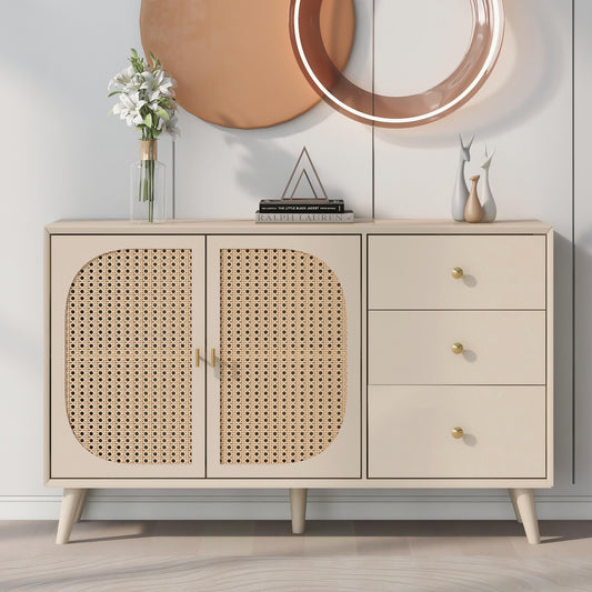 Buffet Salon Élégant Commode avec 2 Portes et 3 Tiroirs, Meuble Buffet, Grand Espace de Rangement, Bahut Blanc Cassé, Meuble de Rangement Idéal pour Chambre, Entrée, Salle à Manger, 120x40x82,5 cm
