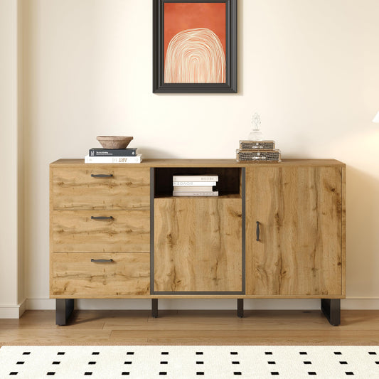 SHUGUANG Buffet Rustique Élégant, Commode Chambre à Coucher, Buffet avec 3 Tiroirs, 2 Portes et Compartiment Ouvert, Grand Espace de Rangement, Étagères Réglables, Vitrine en Bois, 150x38x76,5 cm
