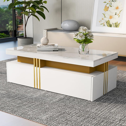 Peiaw Table Basse,Table Basse Salon,Table Basse en marbre Blanc,Table Basse rectangulaire Moderne,Table Basse avec 2 tiroirs en Bois,Bordure dorée métallisée sur Le côté,Table Basse 100 x 50 x 40cm