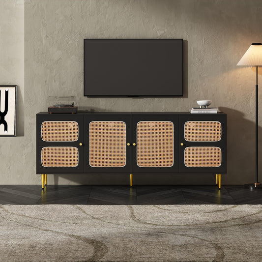 Meuble TV Blanc Banc TV en Rotin avec 4 Portes en Rotin,pour Téléviseurs Jusqu'à 80 pouces,180x40x72cm, Meubles TV élégants pour Salon Chambre,étagères réglables en Hauteur, Grand Espace de Rangement