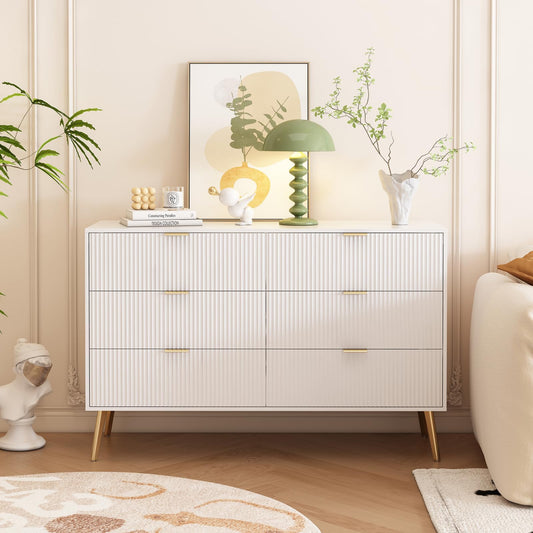 Buffets,Meuble de Rangement Blanc,armoires de Cuisine,Coiffeuse, Buffet avec 6 tiroirs, Pieds plaqués Or, 6 commodes avec poignées, 120 x 40 x 78 cm,Convient pour entrée,Salle à Manger, Bureau