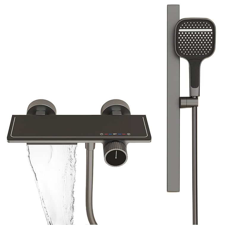 Robinet de Baignoire avec Douchette 3 Jets, Mitigeur Baignoire Cascade Laiton Mitigeur de Baignoire Mural Gris Pistolet Robinet Baignoire avec 150cm Tuyau et Tringle de Douche Réglable