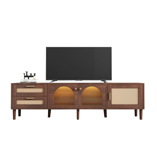 Meuble TV 180cm, Armoire De Télévision Rotin Tressé, Meuble Télé de Salon Convient Aux Téléviseurs de 80 Pouces, Table Télévision 2 Ports de Gestion des Câbles, 2 Portes 2 Tiroirs 4 Étagères Ouvertes