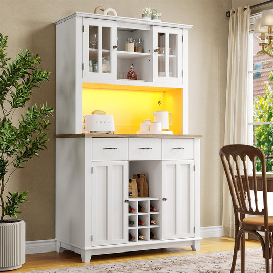 Buffet de Cuisine avec Éclairage LED, Armoire de Cuisine Anti-Basculement, Meuble Cuisine Rangement Étagères Réglables, Bibliothèque avec Poignée en Alliage D'aluminium, 106 x 40 x 179.5 cm