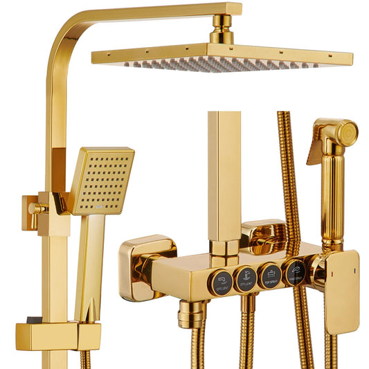 Colonne de Douche D'or Système de Douche Montage Mural Ensemble de Douche avec 22cm * 22cm Tête de Douche, Douchette à Mains, Robinet de Baignoire, Bidet Pulvérisateur