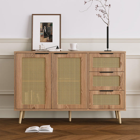 Meuble de Rangement, Buffet de Cuisine avec 2 Portes et 3 Tiroirs, Armoire de Salon Conception de Tissage en Rotin, Étagère Rangement Étagères Réglables, Poignée en Métal Peint, 120x38x78cm