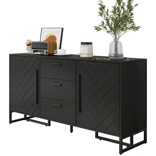 Sideboard, Kommode 2 Türen und 3 Schubladen, Küchenschrank Schwarz Moderner Stil, Mehrzweckschrank Hohe Tragfähigkeit, Verstellbare Regale, Mattschwarzer Griff, 145 x 75 x 40 cm (B/H/T)