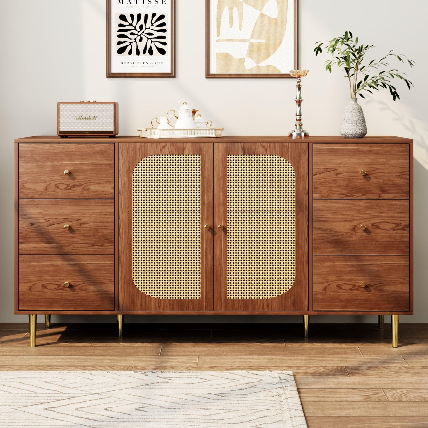 SHUGUANG Buffet Salon Marron, Meuble de Rangement Rétro Élégant en Rotin, Commode pour Chambre à Coucher, avec 3 Tiroirs et 2 Portes, Meuble en Bois Indépendant, Buffet de Cuisine, 160 x 40 x 90 cm
