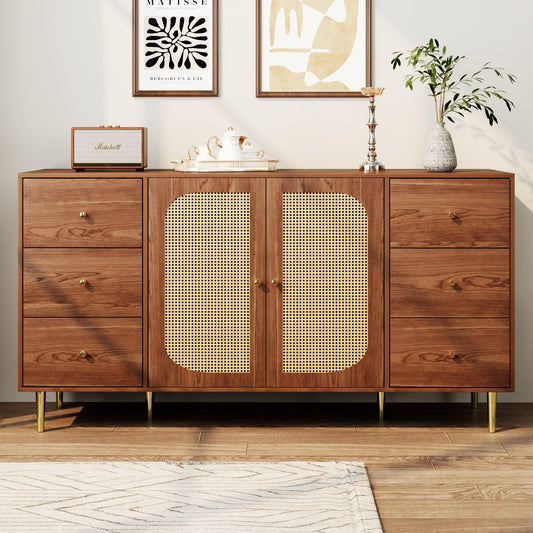 SHUGUANG Buffet Salon Marron, Meuble de Rangement Rétro Élégant en Rotin, Commode pour Chambre à Coucher, avec 3 Tiroirs et 2 Portes, Meuble en Bois Indépendant, Buffet de Cuisine, 160 x 40 x 90 cm