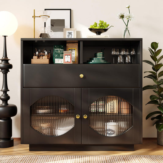 Peiaw Buffet, Meuble de Cuisine, Meuble de Rangement,Buffet Noir Moderne, Commode,Compartiment de Rangement Ouvert,Buffet avec Porte vitrée,Buffet avec 2 Portes et 1 tiroir,100×40×90.5cm
