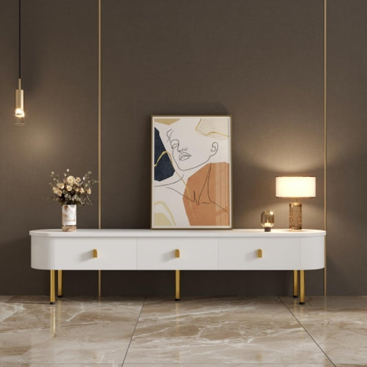 Meuble TV, Meuble TV Blanc avec Trois tiroirs, Meuble TV, Banc TV avec côtés incurvés, Meuble TV de Salon Peut contenir jusqu'à 60-69 Pouces, la Taille de la Table TV est de 174 cm X 35 cm X 41 cm