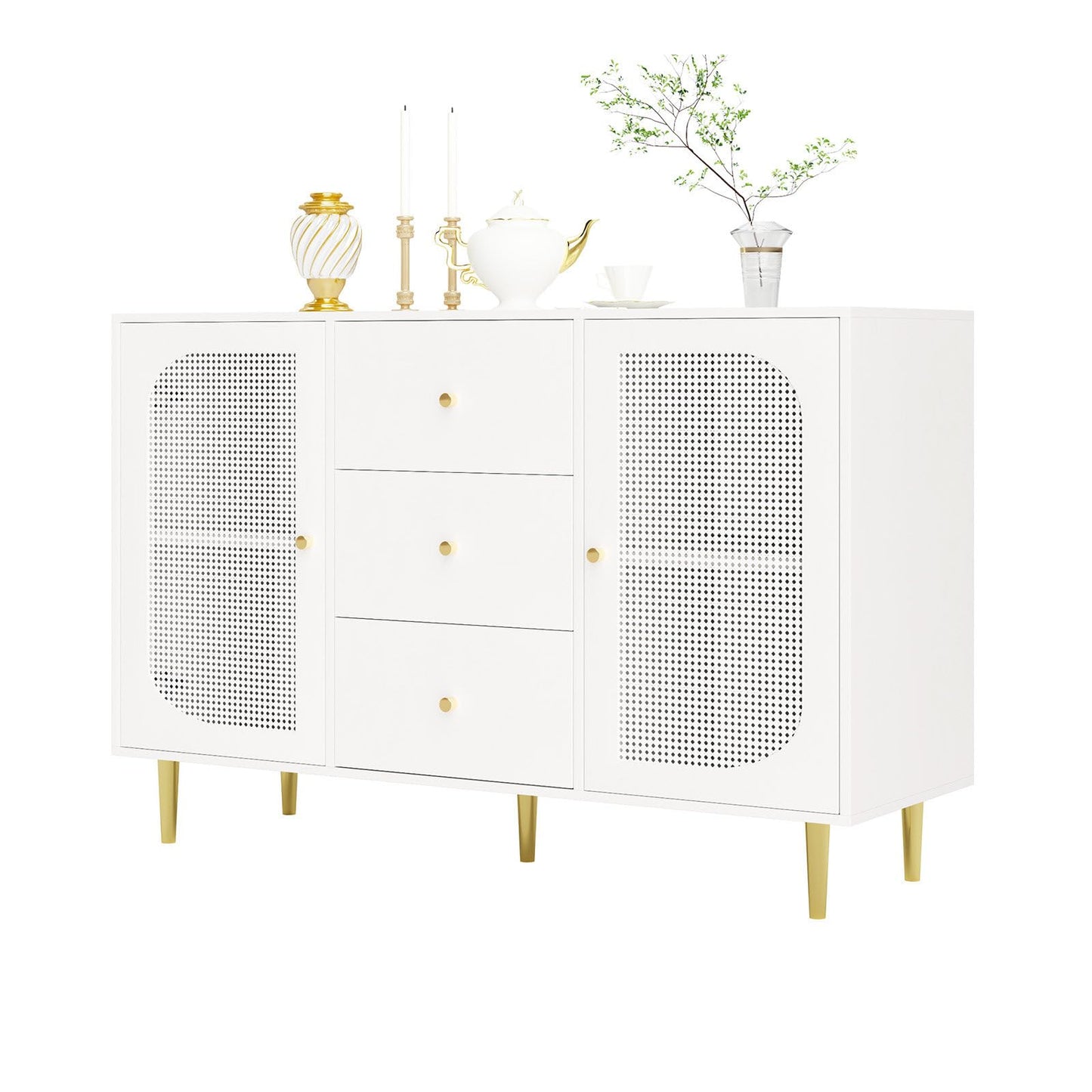 Sideboard, Kommode, Küchenschrank Rattan-Schranktür, Mehrzweckschrank mit 2 Türen und 3 Schubladen, Schubladenschrank Kippschutz, Aufbewahrungsschrank Kratzfeste Oberfläche, 120 x 90 x 40 cm (B/H/T)
