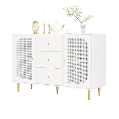 Sideboard, Kommode, Küchenschrank Rattan-Schranktür, Mehrzweckschrank mit 2 Türen und 3 Schubladen, Schubladenschrank Kippschutz, Aufbewahrungsschrank Kratzfeste Oberfläche, 120 x 90 x 40 cm (B/H/T)