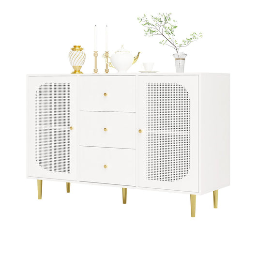 Sideboard, Kommode, Küchenschrank Rattan-Schranktür, Mehrzweckschrank mit 2 Türen und 3 Schubladen, Schubladenschrank Kippschutz, Aufbewahrungsschrank Kratzfeste Oberfläche, 120 x 90 x 40 cm (B/H/T)