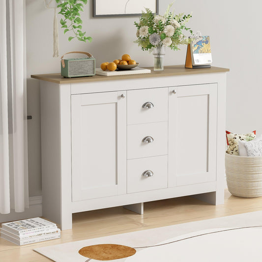Buffet Bois Blanc Chaud avec 2 Portes et 3 Tiroirs, Meuble Buffet Simple et Élégant, Poignées Argentées, Étagère Réglable, Charnières à Fermeture Douce, pour Salon, Cuisine, Entrée, 116x35x81 cm