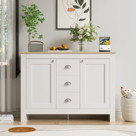 Peiaw Buffet,Meuble de Rangement,Buffet en Bois Blanc,Buffet avec 2 Portes et 3 tiroirs, Meuble de Rangement avec poignées argentées et charnières à Fermeture amortie 116 x 35 x 81 cm.