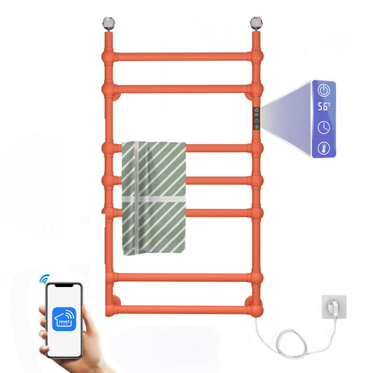 Sèche Serviettes Électrique WiFi 100W, 850 * 600mm Chauffe-Serviettes Mural avec 7 Barres Chauffant, Thermostatique Radiateur Porte-Serviettes de Salle Bain avec Thermostat et Minuterie, Orange
