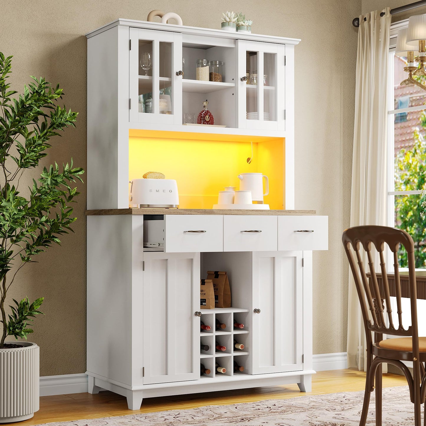 Armoire de Cuisine, Enfilade Buffet Haute, Vitrine avec Étagères Réglables et Casier à Vin, Buffet de Salon avec Éclairage LED, Beaucoup D'espace de Rangement, 106*40*179.5cm (Tiroirs Blanc/Bois)
