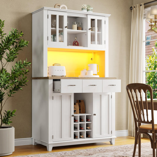 Armoire de Cuisine, Enfilade Buffet Haute, Vitrine avec Étagères Réglables et Casier à Vin, Buffet de Salon avec Éclairage LED, Beaucoup D'espace de Rangement, 106*40*179.5cm (Tiroirs Blanc/Bois)