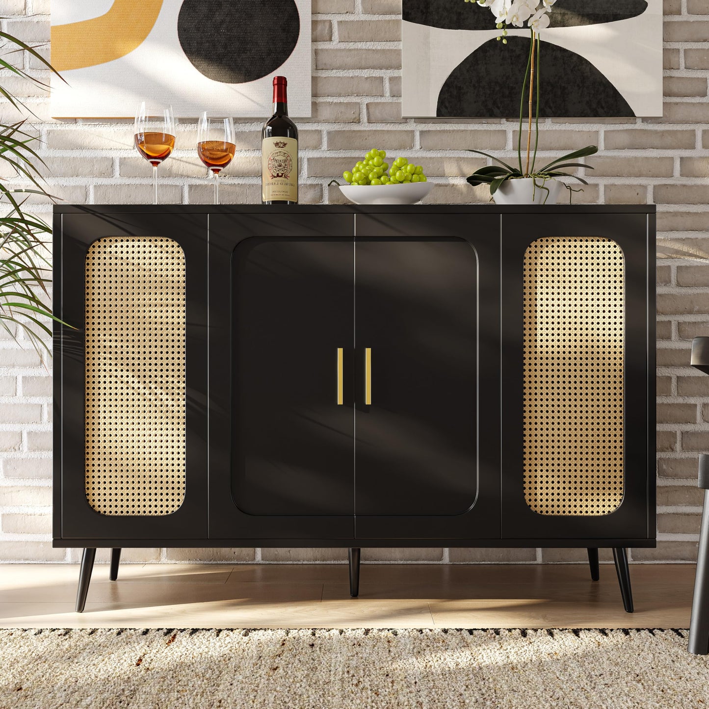 SHUGUANG Buffets Modernes, Armoires Élégantes en Bois de Rotin, avec Diviseur Réglable, Armoires de Rangement avec Portes Blister, Armoires Indépendantes, pour Cuisine Salon, Noir 120 x 35 x 89 cm