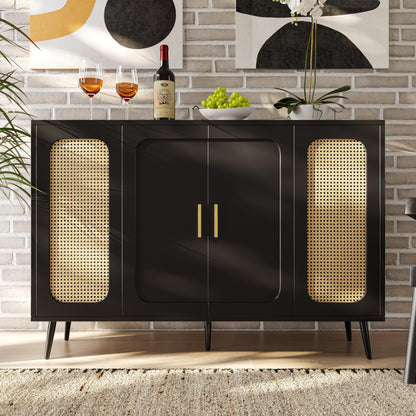 SHUGUANG Buffets Modernes, Armoires Élégantes en Bois de Rotin, avec Diviseur Réglable, Armoires de Rangement avec Portes Blister, Armoires Indépendantes, pour Cuisine Salon, Noir 120 x 35 x 89 cm