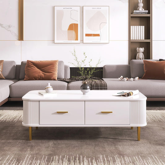 Peiaw Table Basse,Table Basse Salon,Quatre tiroirs spacieux,Table Basse carrée avec tiroirs,Coins incurvés,Poignées et Pieds dorés,avec Grand Espace de Rangement,Table Basse 105 x 51 x 38 cm