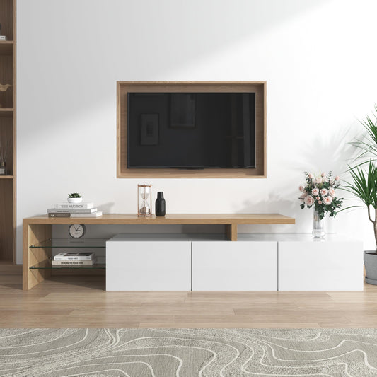 SHUGUANG Meuble TV 200 cm Longueur Meuble TV de Salon Moderne Élégance, Banc TV avec Étagères en Verre, Éclairage LED, Meuble TV Aspect Bois, Espace de Rangement Pratique, Brillant, 197,5x39x42cm