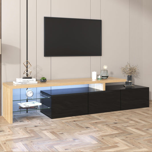 SHUGUANG Meuble TV 200 cm Longueur Meuble TV de Salon Moderne Élégance, Banc TV avec Étagères en Verre, Éclairage LED, Meuble TV Aspect Bois, Espace de Rangement Pratique, Brillant, 197,5x39x42cm